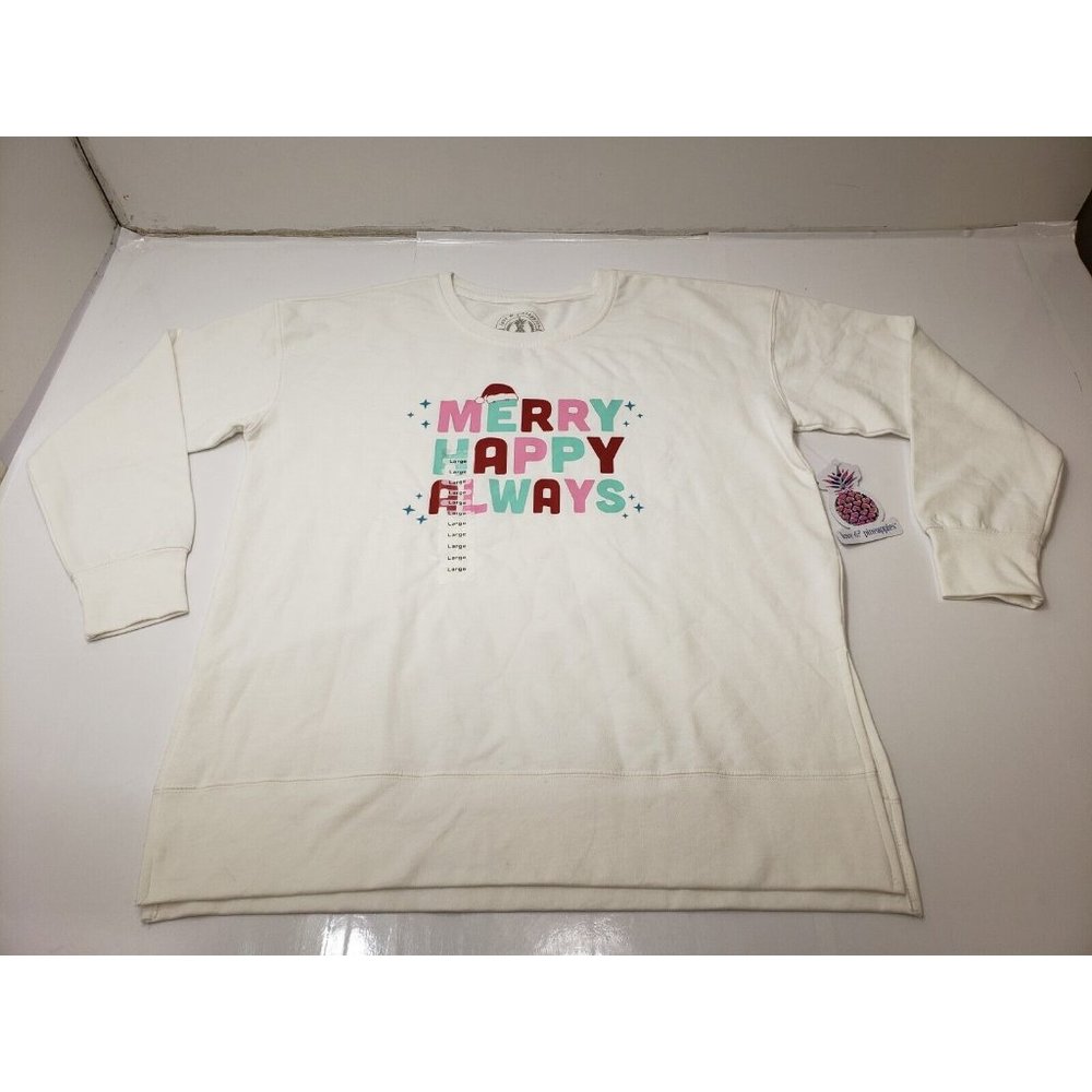 Love & Pineapples Womens Sweatshirt Pullover Long Sleeve Merry Happy Always Sz L